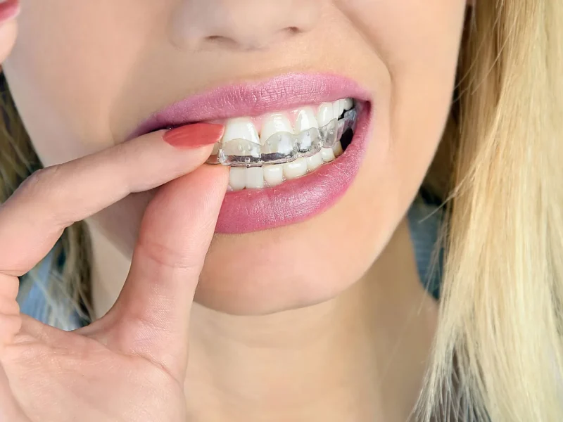 A person touching her braces