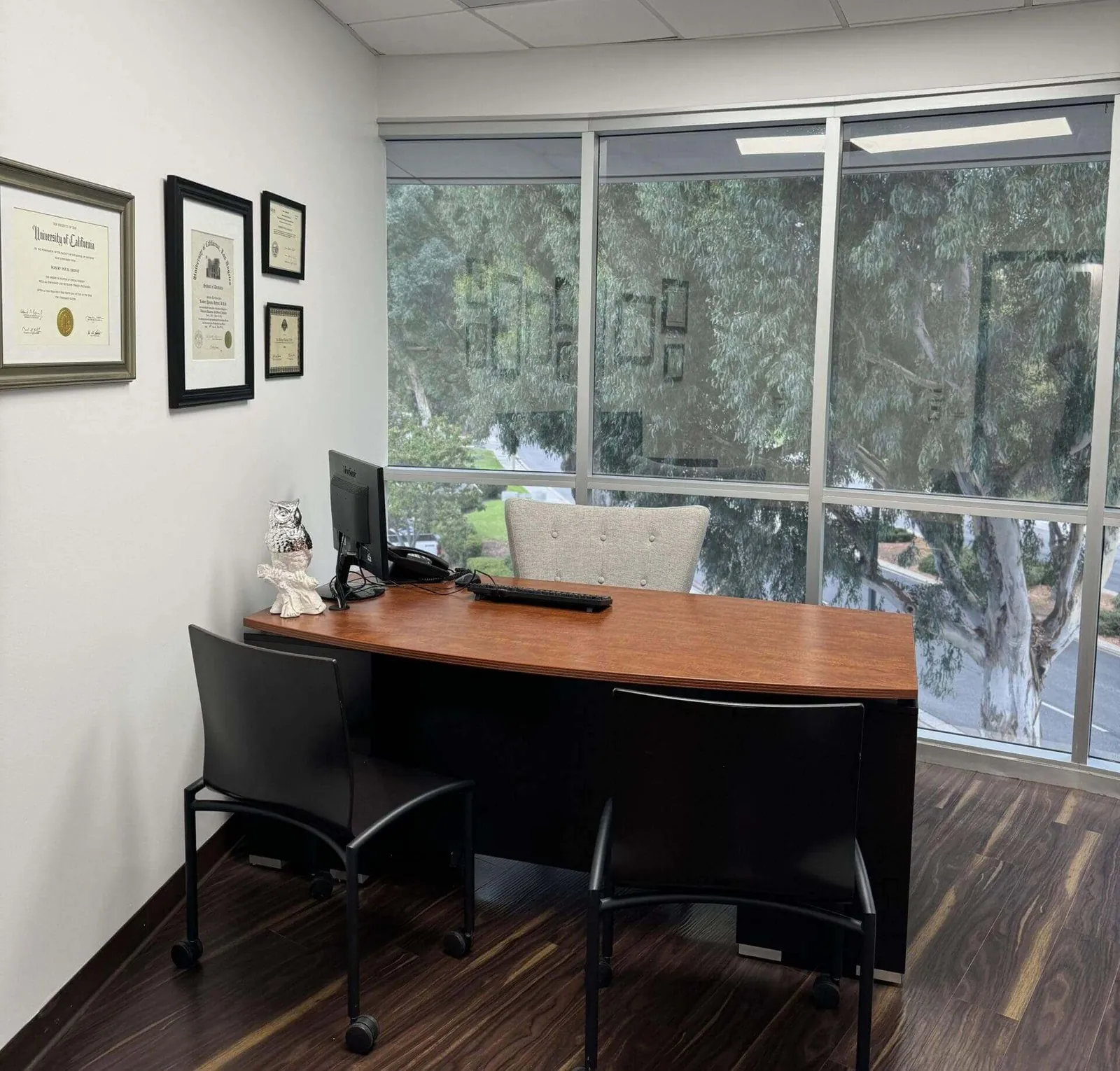 Office desk with two chairs and a view.